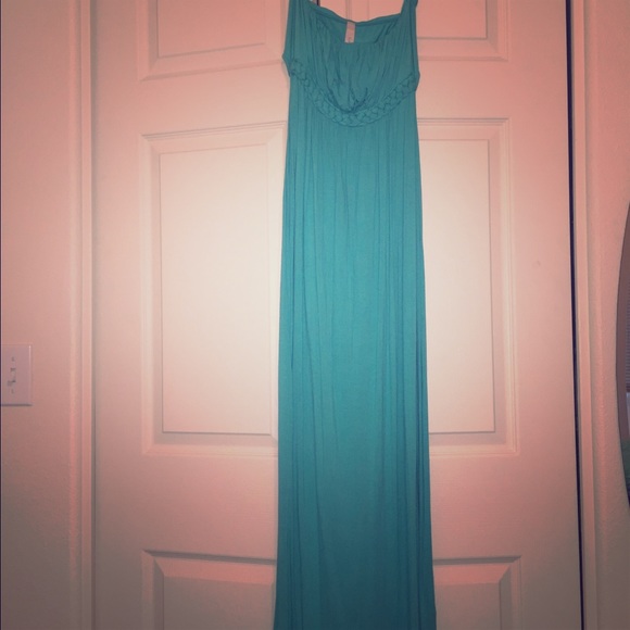 Blue strapless dress with braid detail & open back