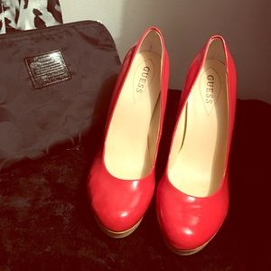 Guess Orange Patent Leather Cork Platform Pumps