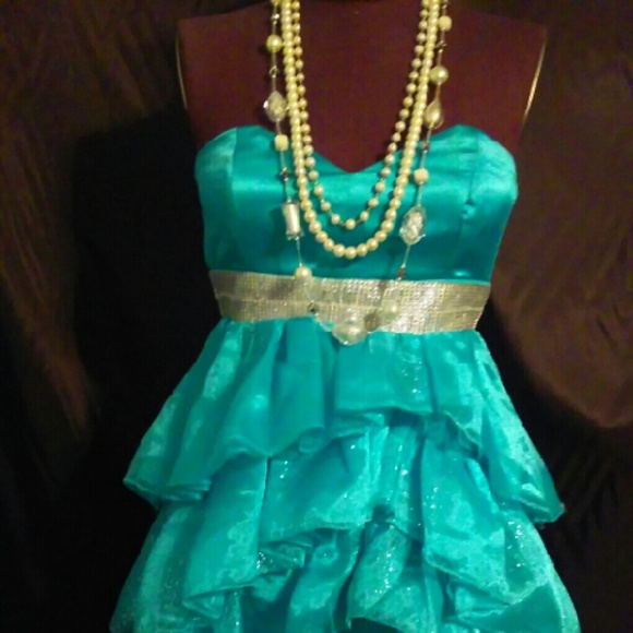 Turquoise Satin Organza Tier Dress - Picture 1 of 4