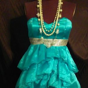 Turquoise Satin Organza Tier Dress