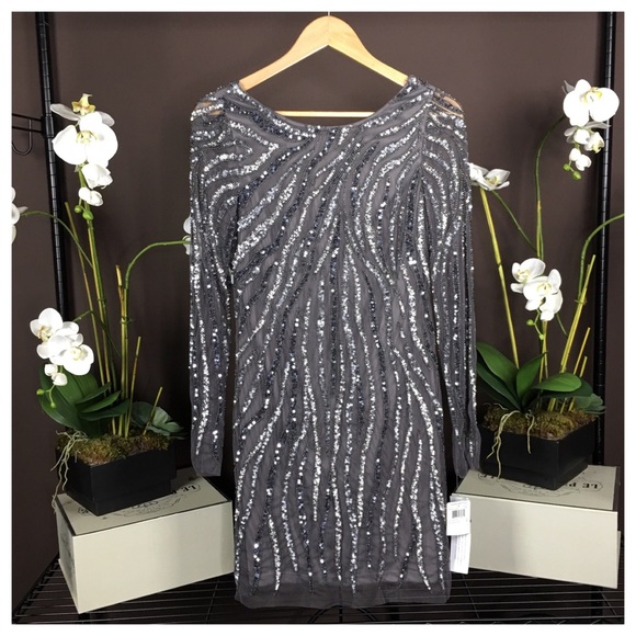 NWT AIDAN MATTOX SEQUINED PROM GALA GREY DRESS - Picture 5 of 7