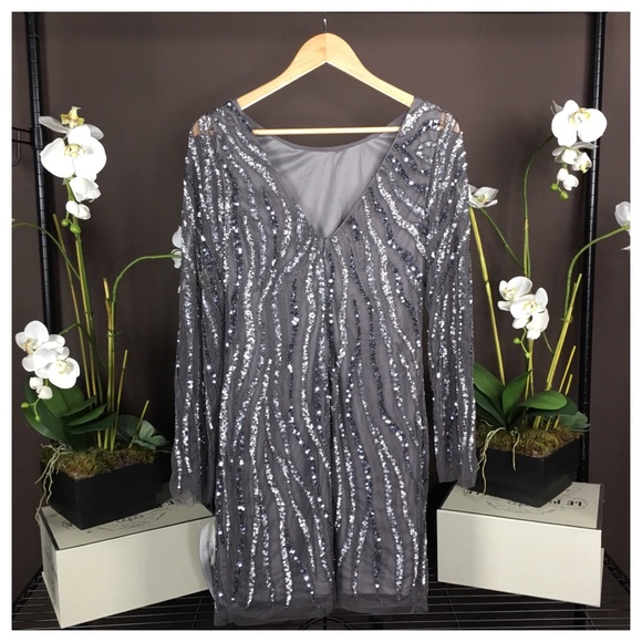 NWT AIDAN MATTOX SEQUINED PROM GALA GREY DRESS - Picture 4 of 7