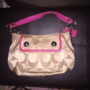 Pink trim with brown fabric coach purse