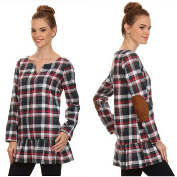 Plaid Long Sleeve Tunic with Suede Elbow Patches