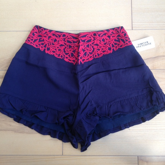 Forever 21 navy shorts w/ embroidery & ruffle hem