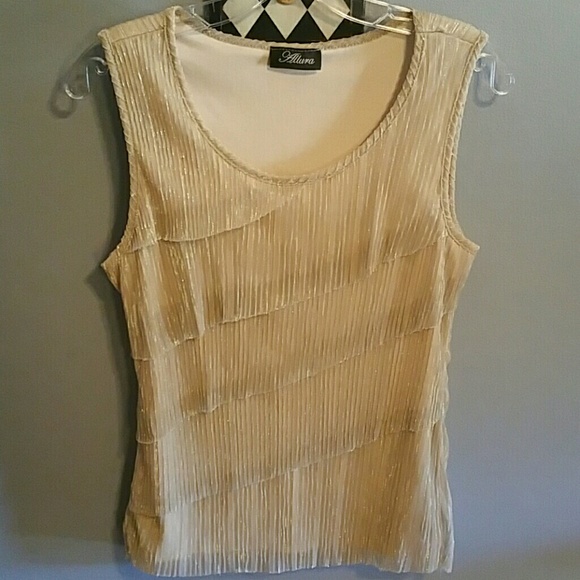 ALLURA shimmering beige ruffled tank top SZ M *GC*