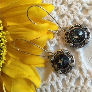 Flecked/Faceted Gem w/Stamped Silver & Gem Earring