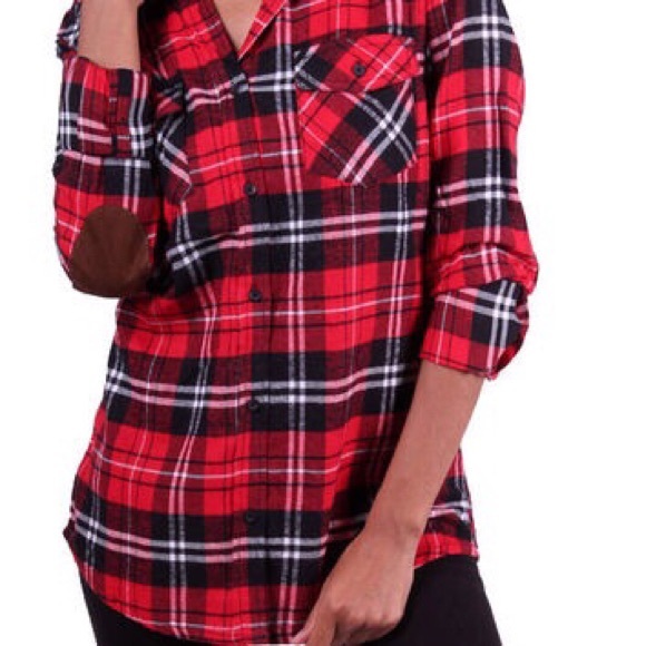 Boutique Tops - ❗️CLEARANCE❗️Red Plaid Suede Elbow Patch Top S M L