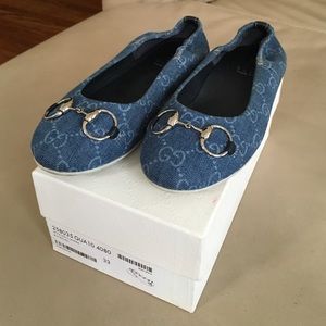 Girls Gucci denim canvas horsebit ballet flat