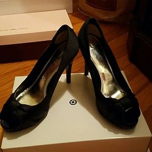 Black satin peep toe heels