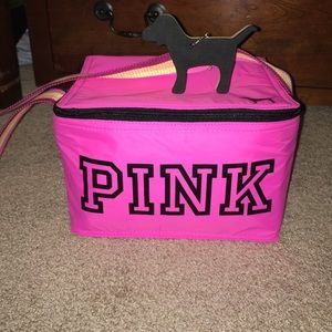 VS Pink cooler with dog keychain