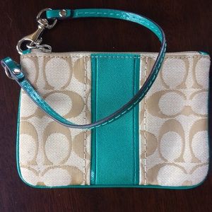 Genuine Coach Teal & Tan Cloth Wristlet.