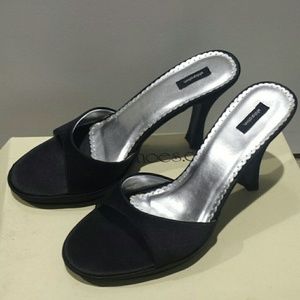 New black satin finish slip on heels