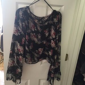 Floral crop top with fringe sleeve detail