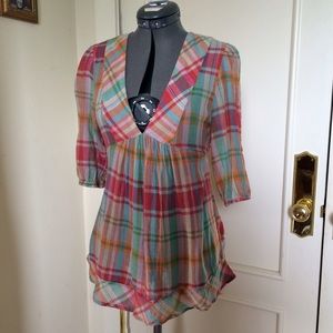 Autumnal Plaid Deep V-Neck Blouse