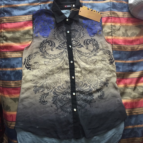 BRAND NEW black/beige sleeveless button shirt - Picture 1 of 4