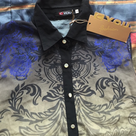 BRAND NEW black/beige sleeveless button shirt - Picture 2 of 4