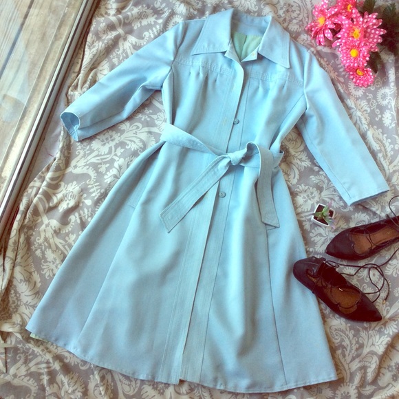 Vintage Jackets & Blazers - Powder Blue Vintage Lanson Trench Coat with Belt