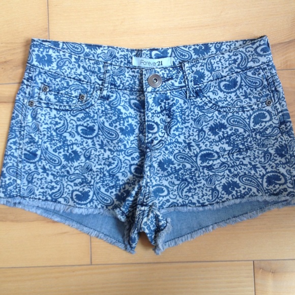 Forever 21 paisley frayed bottom denim shorts