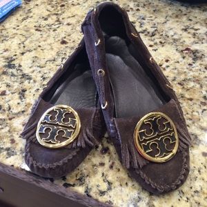 Dark brown suede leather Tory Burch slip on moc