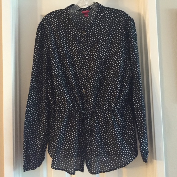 Black/white button-down blouse w/drawstring waist