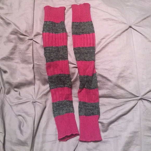 Fuchsia and grey striped leg warmers