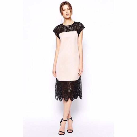 ASOS Lace Satin Shift Dress - Nude / US 4