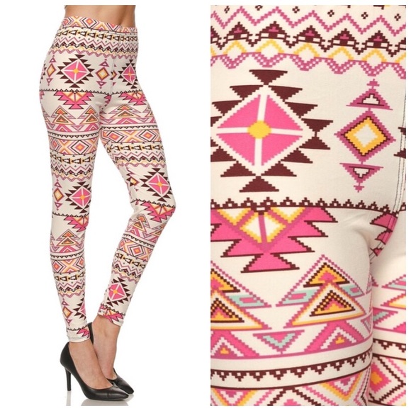 ❗️CLEARANCE❗️Ivory Burgundy Aztec Leggings OS - Picture 3 of 4