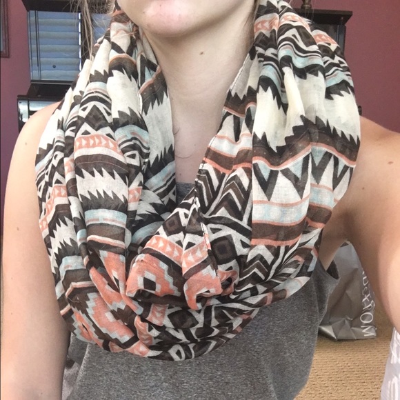 Aztec print peach, cream, black, and teal scarf - Picture 3 of 3