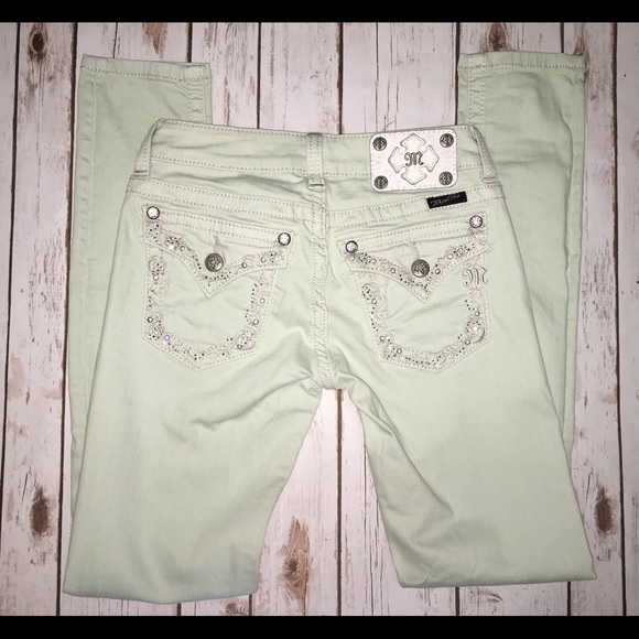 Miss Me jeweled mint skinnies