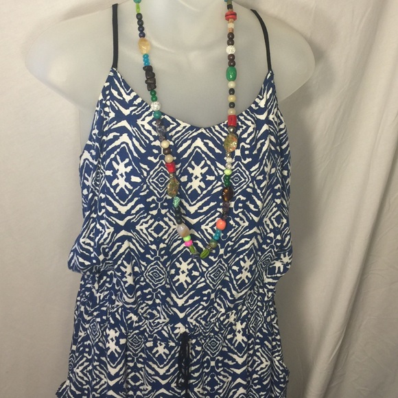 Blue cream and black tribal print romper