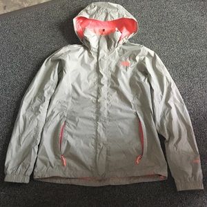 Gray and bright coral north face rain jacket