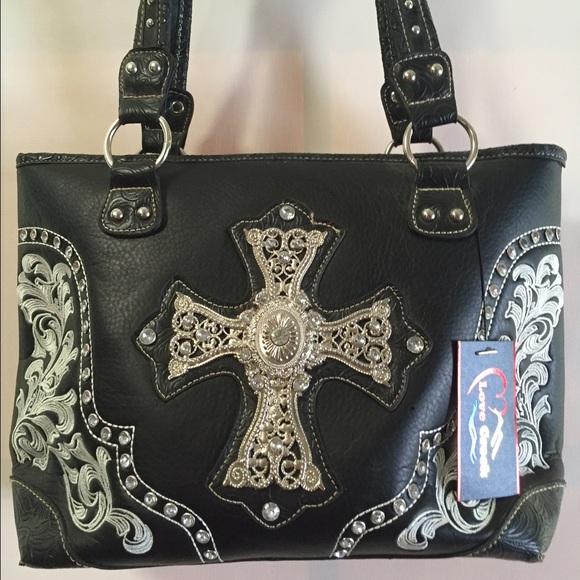 Faux leather shoulder bag with cross/bling