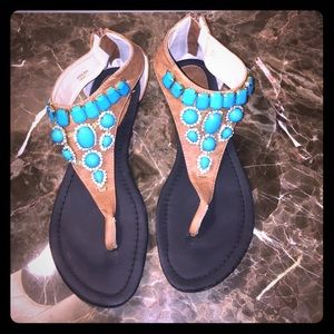 Shoedazzle cognac and turquoise sandal