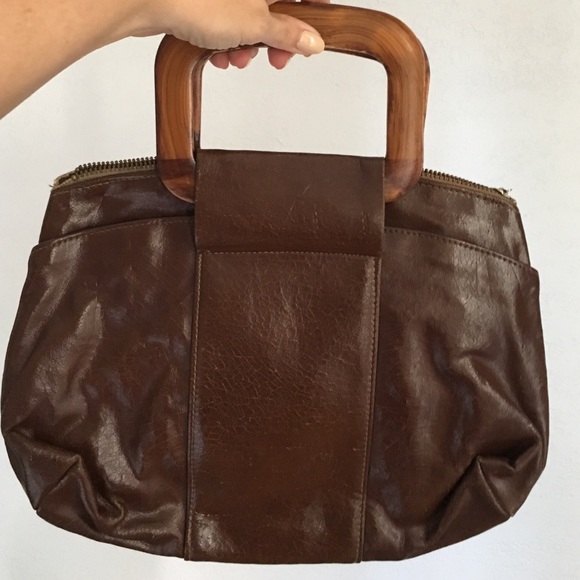 Handbags - VINTAGE brown leather bag wood handles