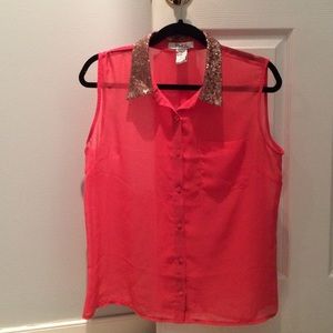 Coral Button-Down with Gold Sequin Collar