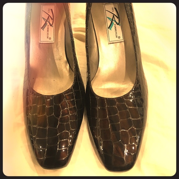 Brown patent alligator heels