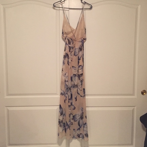 Long nude dress with blue and white flowers - Picture 2 of 4