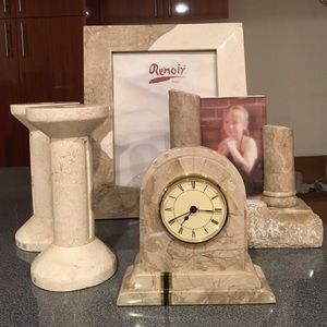 2 picture frames, 2 candles, 1 clock