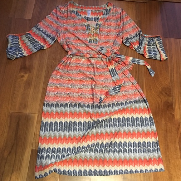 Kimono inspired lounge dress in herringbone print