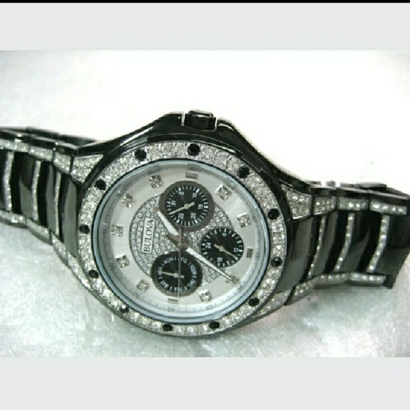 NWT BULOVA BLACK LONIC PLATED & CRYSTAL watch