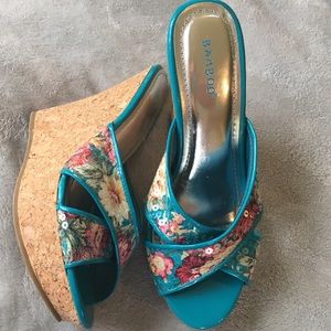 Turquoise Floral sequin wedges with cork heel