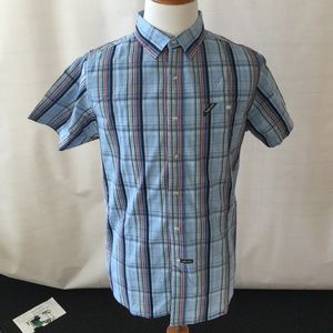 Men Short-sleeved Striped Blue Buttoned-Down Shirt