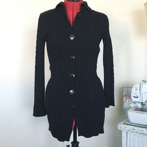 Navy Ribbed Long Buttoned Sweater Cardigan