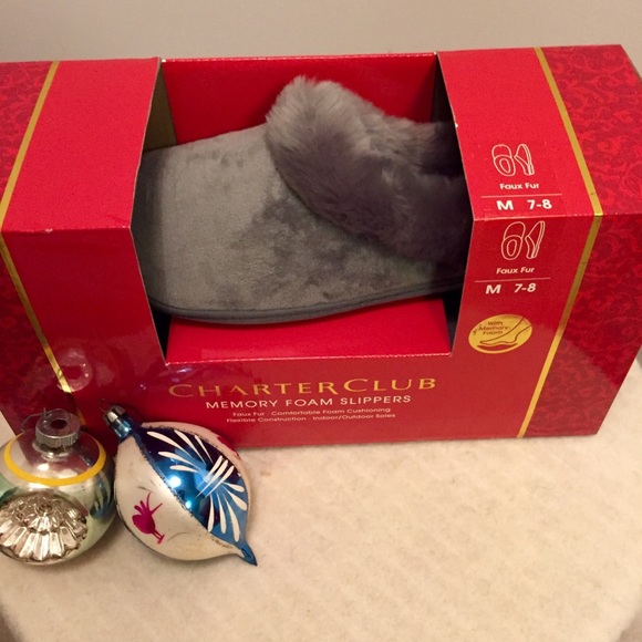 NIB Charter Club gray faux fur/suede slippers, 7-8