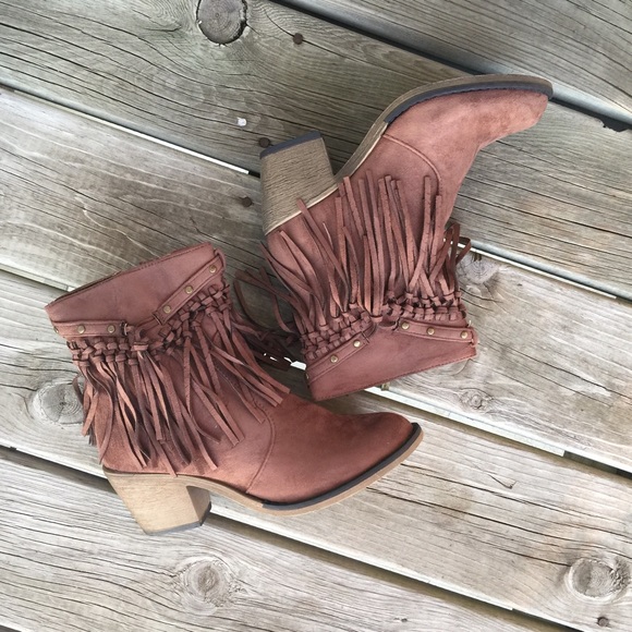 Shoes - Brown suede fringe western cowboy ankle boots