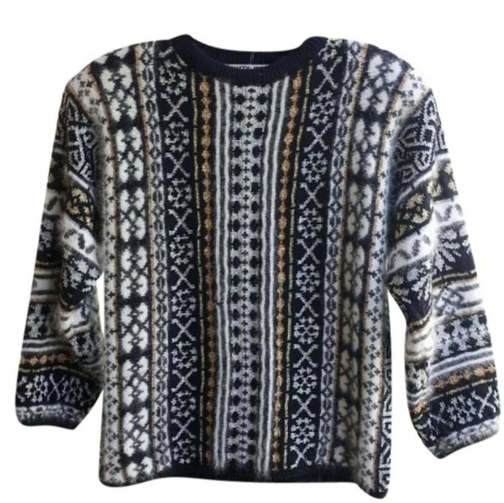 Vivian Wang kitty hawk vintage fair isle gold black angora sweater S