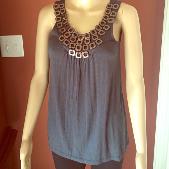 Grey Blue shirt with beading along the neck area