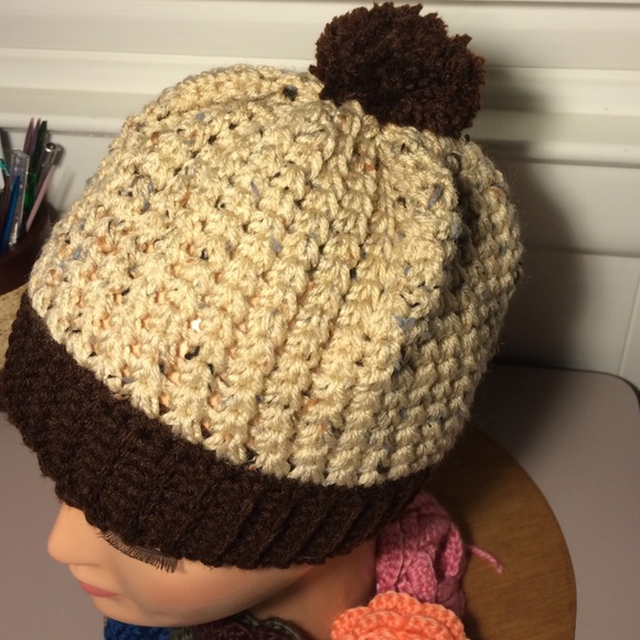 Crochet brown and beige trinity stitch beanie hat