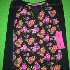 Betsy Johnson floral blouse with sheer sleeves.